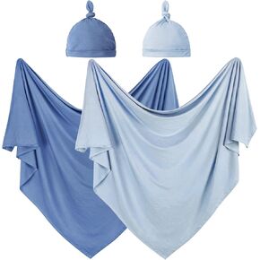 OWLOWLA 2Pack Newborn Swaddle Blanket with Hat Set Baby Wrap Swaddle Receiving Blanket Boys Girls(Baby Blue&Steel Blue)
