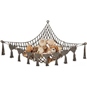 Handmade Cotton Rope Stuffed Animal Storage Net, Corner Triangle Wall Hanging Toy Organizer, Space-Saving Plush Toy Holder for Home and Outdoor, Halloween (White)