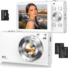 Digital Camera,Autofocus 4K 48MP Vlogging Camera for Photography,32GB Card | Portable Compact Point and Shoot Digital Camera for Teens Adult Beginner with 16X Zoom,Anti-Shake,2 Batteries(White) in Saudi Arabia