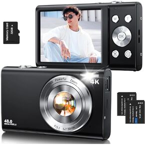 Digital Camera, Autofocus UHD 4K 48MP Digital Camera for Photography with 2 Batteries, 2.8 Inch Screen 16X Zoom Vlogging Camera with 32GB Card, Compact Point Shoot Camera for Teens Adult (Beige)