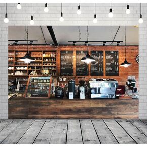 BELECO 7x5ft Fabric Cozy Coffee Restaurant Bar Backdrop for Photography Coffee Shop Interior Vintage Brick Wall Wooden Counter Background for Party Decorations Photo Booth Studio Props Wallpaper