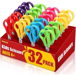 5.5" Small Student School Blunt Kids Craft Scissors, 32 Pack Sharp Stainless Steel Blades Safety Comfort Grip for Children Cutting Paper, Assorted Color