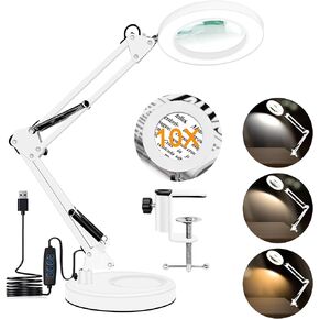 10X Magnifying Glass with Light and Stand, 2-in-1 LED Magnifier Desk Lamp, 3 Color Modes 10 Level Dimmable, Hands-Free Lighted Magnifier for Craft Repair Nail Reading Close Works (White, Base)