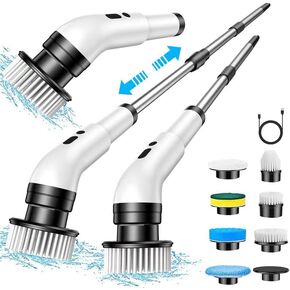 Electric Spin Scrubber with Handle,450RPM Cordless Bathroom Shower Scrubber Cleaning Brush for Home with 9 Replaceable Heads,3 Speeds for Baseboard Cleaner Tool 90Mins Work Time, 4 Adjustable Size