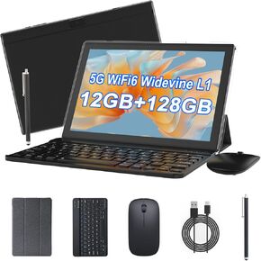 Android 15 Tablet, 10 inch 2 in 1 Tablets with Keyboard, 18GB RAM 128GB ROM 2TB Expand, Quad-Core 2.0Ghz CPU, 5G WiFi 6, BT5.0, 1280x800 HD Touchscreen, 6000mAh, Widevine L1, Google Tablet, Pink