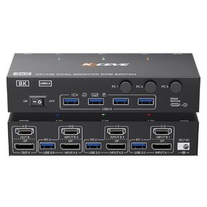 KVM Switch 3 Monitors 2 Computers 8K@60Hz 4K@144Hz,1*HDMI+2*DP in,3*HDMI Out,Triple Monitor KVM Switch with 4 USB 3.0 Ports for USB Devices,Wired Remote,Power Adapter and USB Cables Included