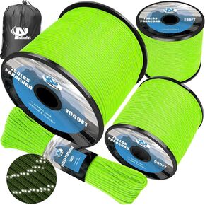 750Ib Reflective Paracord Rope,100' 200' 500' 1000', 4mm 11 Strand Parachute Spool Cord with Collecting Bag, para Cord Lanyard for Hammock, Camping