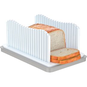 Bread Slicer for Homemade Bread with Bread Box, Foldable Bread Cutter with Crumb Tray, Adjustable Width Bread Slicing Guide for Loafs, Sandwiches, Bagels, and Cakes