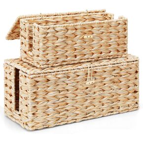Posprica Cable Management Box with Lid, 2 Pack Handwoven Water Hyacinth Cord Hider Organizer Boxes, 2 Side Open Slots Storage Box to Hide Cords and Power Strip for Desk, Floor, Office
