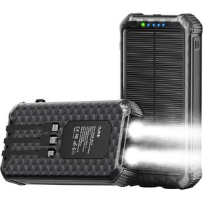 Solar Charger Power Bank 46800mAh, Solar Phone Charger Built-in 3 Cables 15W Fast Charging 4 Output for All Mobile Devices, 2 Inputs Solar Portable Charger with Dual Flashlights&Compass (Orange)
