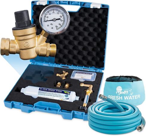 RV Fresh Water Kit - RV Water Pressure Regulator, Inline Water Filter, Hose Splitter, Brass Elbow, Flexible Connector, Hose Quick Connects, Leak Repair Kit, and Carrying Case in Saudi Arabia