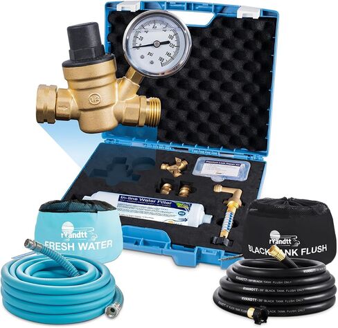 RV Fresh Water Kit - RV Water Pressure Regulator, Inline Water Filter, Hose Splitter, Brass Elbow, Flexible Connector, Hose Quick Connects, Leak Repair Kit, and Carrying Case in Saudi Arabia