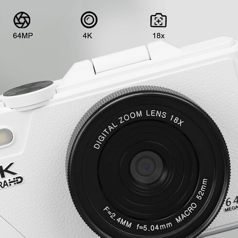 Digital Camera for Photography, 4K 64MP UHD Vlogging Camera with 3 Inch Flip Screen, 18X Digital Zoom, Autofocus, Anti Shake, Compact Travel Camera for Kids, Beginner (Black) in Saudi Arabia