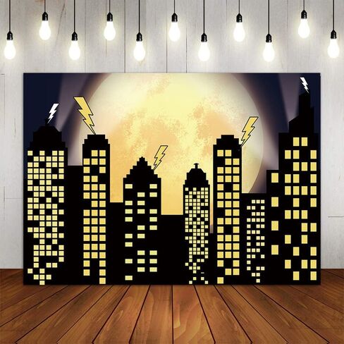 Superhero Super City Photography Backdrops Skyline Buildings City Boom Full Moon Bat Photo Background 5x3ft Vinyl Children Birthday Party Banner Photo Studio Booth Cake Table Decor in Saudi Arabia