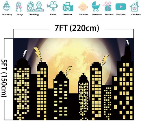 Superhero Super City Photography Backdrops Skyline Buildings City Boom Full Moon Bat Photo Background 5x3ft Vinyl Children Birthday Party Banner Photo Studio Booth Cake Table Decor in Saudi Arabia