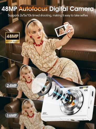 Digital Camera, Autofocus UHD 4K 48MP Digital Camera for Photography with 2 Batteries, 2.8 Inch Screen 16X Zoom Vlogging Camera with 32GB Card, Compact Point Shoot Camera for Teens Adult (Beige) in Saudi Arabia