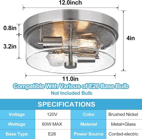 Black Flush Mount Ceiling Light Fixtures, 2-Light Ceiling Mount for Farmhouse with Seeded Glass Lampshade, Industrial Flush Mount Light Fixture Farmhouse for Hallway, Kitchen, Entryway and Foyer in Saudi Arabia