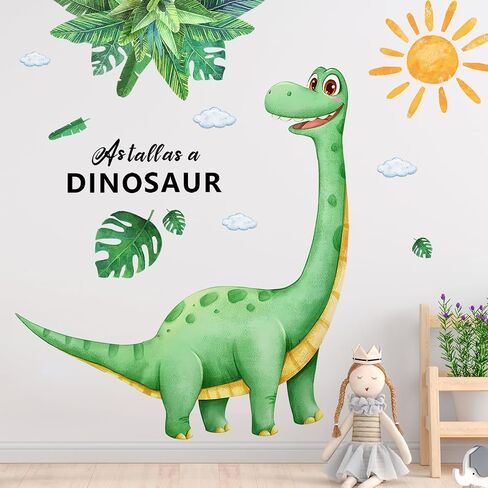 Dinosaur Wall Decals for Boys Room Green Dino Wall Stickers with Flowers Sun Palm Leaves Kids Baby Nursery Bedroom Playroom Living Room Classroom Home Wall Decor UV24Y11516-Green in Kuwait