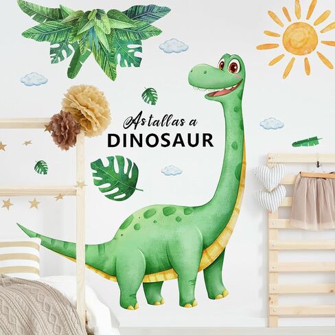 Dinosaur Wall Decals for Boys Room Green Dino Wall Stickers with Flowers Sun Palm Leaves Kids Baby Nursery Bedroom Playroom Living Room Classroom Home Wall Decor UV24Y11516-Green in Kuwait