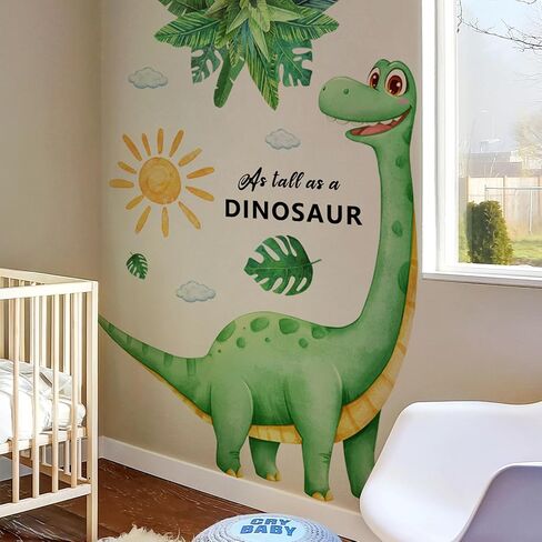 Dinosaur Wall Decals for Boys Room Green Dino Wall Stickers with Flowers Sun Palm Leaves Kids Baby Nursery Bedroom Playroom Living Room Classroom Home Wall Decor UV24Y11516-Green in Kuwait