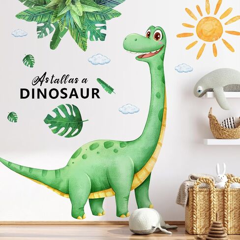 Dinosaur Wall Decals for Boys Room Green Dino Wall Stickers with Flowers Sun Palm Leaves Kids Baby Nursery Bedroom Playroom Living Room Classroom Home Wall Decor UV24Y11516-Green in Kuwait