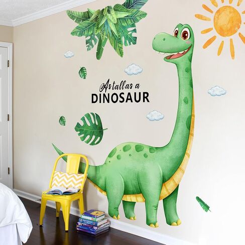 Dinosaur Wall Decals for Boys Room Green Dino Wall Stickers with Flowers Sun Palm Leaves Kids Baby Nursery Bedroom Playroom Living Room Classroom Home Wall Decor UV24Y11516-Green in Kuwait