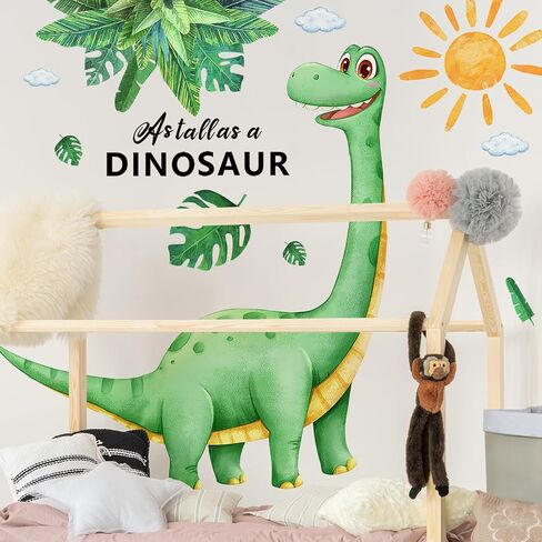 Dinosaur Wall Decals for Boys Room Green Dino Wall Stickers with Flowers Sun Palm Leaves Kids Baby Nursery Bedroom Playroom Living Room Classroom Home Wall Decor UV24Y11516-Green in Kuwait