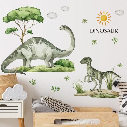 Dinosaur Wall Decals for Boys Room Green Dino Wall Stickers with Flowers Sun Palm Leaves Kids Baby Nursery Bedroom Playroom Living Room Classroom Home Wall Decor UV24Y11516-Green in Kuwait