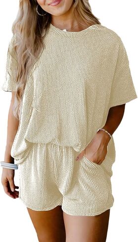 SHEWIN Women's 2 Piece Outfits 2025 Summer Shorts Sets Pajamas Lounge Sets Short Sveless Top and Shorts with Pockets in Kuwait