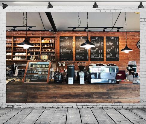 BELECO 7x5ft Fabric Cozy Coffee Restaurant Bar Backdrop للتصوير الفوتوغرافي المقهى الداخلي عتيق الطوب جدار خلفية عداد خشبي لزخارف الحفل in Saudi Arabia