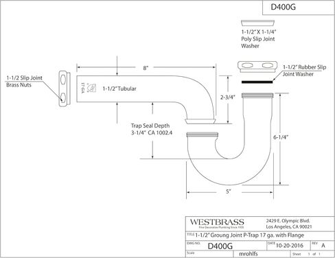 Westbrass D400G-RAW 1-1/2" 17 ga. Tubular Ground Joint P-Trap with Bell Flange, Unfinished in Saudi Arabia