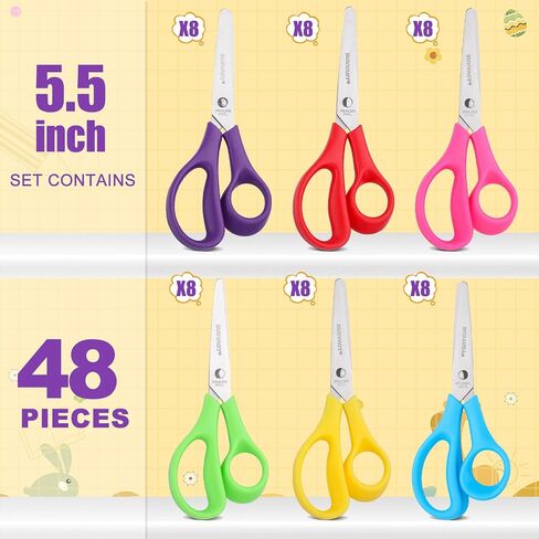 5.5" Small Student School Blunt Kids Craft Scissors, 32 Pack Sharp Stainless Steel Blades Safety Comfort Grip for Children Cutting Paper, Assorted Color in Kuwait