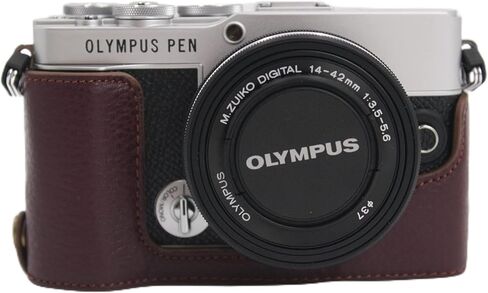 E-P7 Case, BolinUS Handmade Genuine Real Leather Half Camera Case Bag Cover for Olympus Pen E-P7 EP7 Bottom Opening Version + Hand Strap (Black) in Saudi Arabia