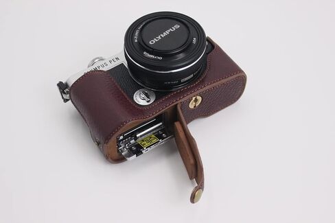 E-P7 Case, BolinUS Handmade Genuine Real Leather Half Camera Case Bag Cover for Olympus Pen E-P7 EP7 Bottom Opening Version + Hand Strap (Black) in Saudi Arabia
