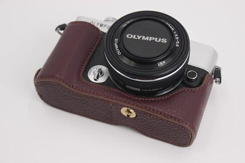 E-P7 Case, BolinUS Handmade Genuine Real Leather Half Camera Case Bag Cover for Olympus Pen E-P7 EP7 Bottom Opening Version + Hand Strap (Black) in Saudi Arabia