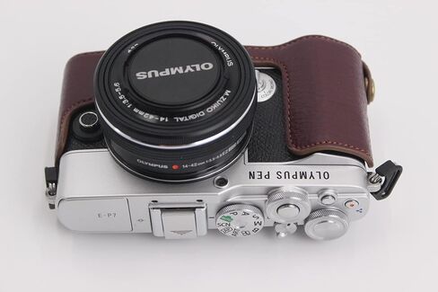 E-P7 Case, BolinUS Handmade Genuine Real Leather Half Camera Case Bag Cover for Olympus Pen E-P7 EP7 Bottom Opening Version + Hand Strap (Black) in Saudi Arabia