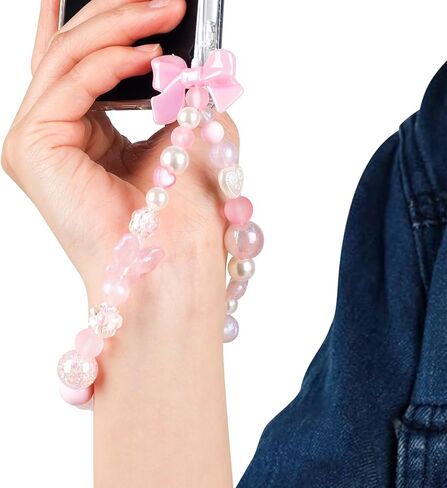 LUVI Beaded Phone Charm Lanyard Wrist Strap Love Heart Bow Beads Butterfly Chain Flower String Pearl Bling Bracelet Keychain Cute Fashion for Women in Saudi Arabia