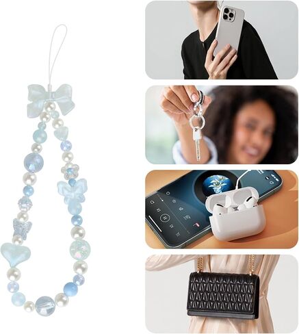 LUVI Beaded Phone Charm Lanyard Wrist Strap Love Heart Bow Beads Butterfly Chain Flower String Pearl Bling Bracelet Keychain Cute Fashion for Women in Saudi Arabia