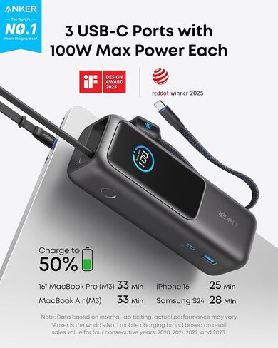 Anker Laptop Power Bank, 25,000mAh Portable Charger with Triple 100W USB-C Ports for Multi-Device Charging, Built-in and Retractable Cables, for iPhone 16/15 Series, MacBook, Samsung, and More in Kuwait