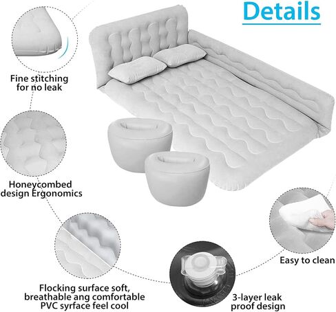 Car Bed Suv Air Mattress, Car Air Mattress with Electric Air Pump, 2 Inflatable Pillows and 2 Footrests For Back Seat, Side Seat,Trunk Sleeping - Upgraded -Thickened Camping Air Mattress, Black in Saudi Arabia