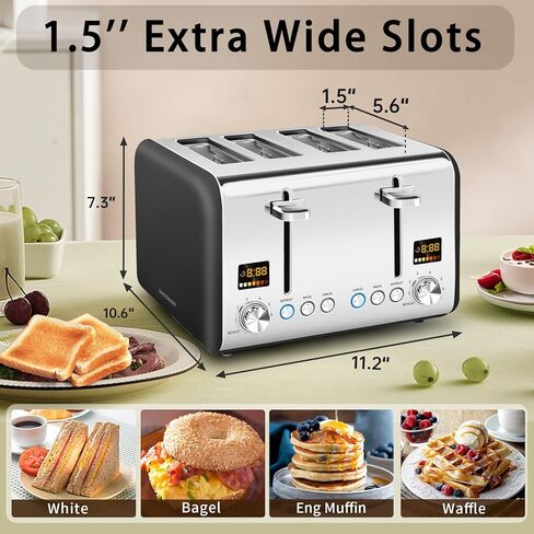 SEEDEEM 4 Slice Toaster, Stainless Bread Toaster Color LCD Display, 7 Bread Shade Settings, 1.4'' Wide Slots Toaster with Bagel/Defrost/Reheat Functions, Removable Crumb Tray, Dark Metallic, 1800W in Kuwait