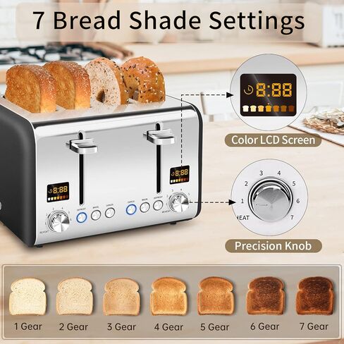 SEEDEEM 4 Slice Toaster, Stainless Bread Toaster Color LCD Display, 7 Bread Shade Settings, 1.4'' Wide Slots Toaster with Bagel/Defrost/Reheat Functions, Removable Crumb Tray, Dark Metallic, 1800W in Kuwait