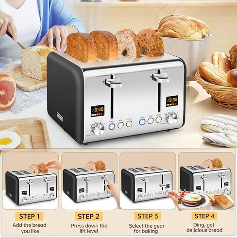 SEEDEEM 4 Slice Toaster, Stainless Bread Toaster Color LCD Display, 7 Bread Shade Settings, 1.4'' Wide Slots Toaster with Bagel/Defrost/Reheat Functions, Removable Crumb Tray, Dark Metallic, 1800W in Kuwait