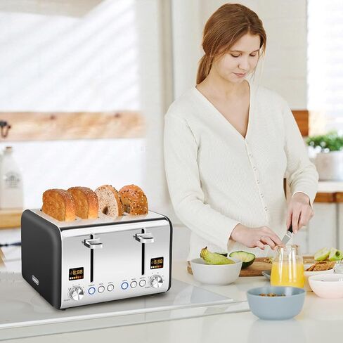 SEEDEEM 4 Slice Toaster, Stainless Bread Toaster Color LCD Display, 7 Bread Shade Settings, 1.4'' Wide Slots Toaster with Bagel/Defrost/Reheat Functions, Removable Crumb Tray, Dark Metallic, 1800W in Kuwait
