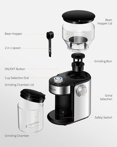 Shardor Electric Burr Coffee Grinder 2.0 ، مطحنة لدغية قابلة للتعديل مع 16 إعدادات طحن دقيقة لمدة 2-14 كوب ، أسود in Saudi Arabia