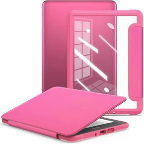 E NET-CASE Case for Kindle Paperwhite 12th Gen 2024 Released (7") & Kindle Colorsoft Signature Edition,Clear Back Shell Durable PU Leather Cover with Auto Sleep Wake,Raspberry