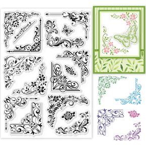 GLOBLELAND Baroque Corner Clear Stamps Retro Corner Silicone Clear Stamp Seals European Style Border Transparent Stamps for DIY Scrapbooking Cards Making Photo Album 8.27x5.83 inch