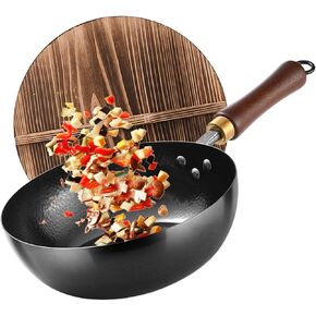 Carbon Steel Wok Pan, 9.5 “ Woks & Stir-Fry Pans with Wooden Lid Cookwares, Nonstick Wok, No Chemical Coated Flat Bottom Hand Hammered Chinese Wok For for Electric, Induction,Gas Stoves