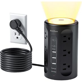 Power Strip Tower with Night Light, Surge Protector Power Strip with USB Ports, 10 FT Extension Cord with Multiple Outlets (12AC+3A+2C) for Home Office Desk DormRoom (White)