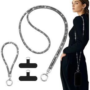 TiMOVO Universal Phone Lanyard Crossbody, Rhinestone Cell Phone Chain Anti-Theft with 1× Shiny Phone Strap, 1× Wrist Strap, 2× Pads for Most Smartphones, Phone Neck Holder for Women, Black